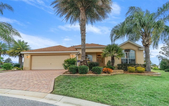 ranch-style house with a front lawn and a garage