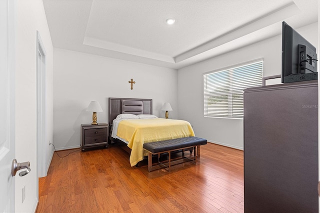 bedroom featuring wood-type flooring and a tray ceiling