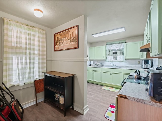 kitchen featuring sink, light hardwood / wood-style flooring, green cabinetry, and stainless steel stove