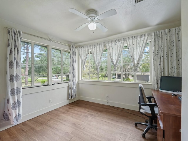 office space featuring ceiling fan and light hardwood / wood-style flooring