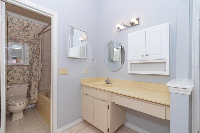 full bathroom with toilet, shower / bathtub combination with curtain, vanity, and tile patterned flooring