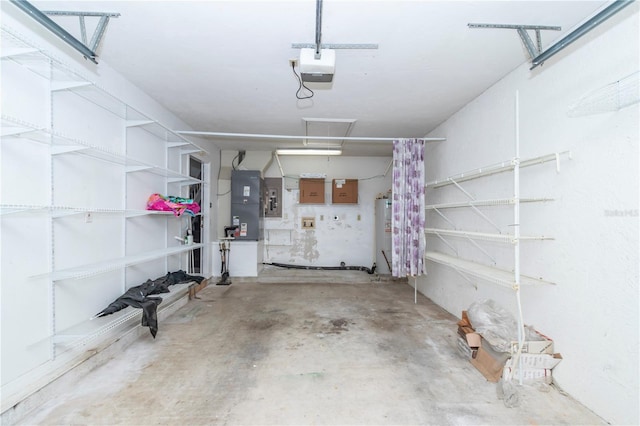 garage with water heater, heating unit, and a garage door opener