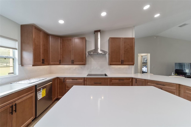 kitchen with lofted ceiling, black electric stovetop, wall chimney range hood, stainless steel dishwasher, and tasteful backsplash