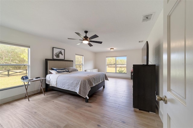 bedroom with ceiling fan and light wood-type flooring