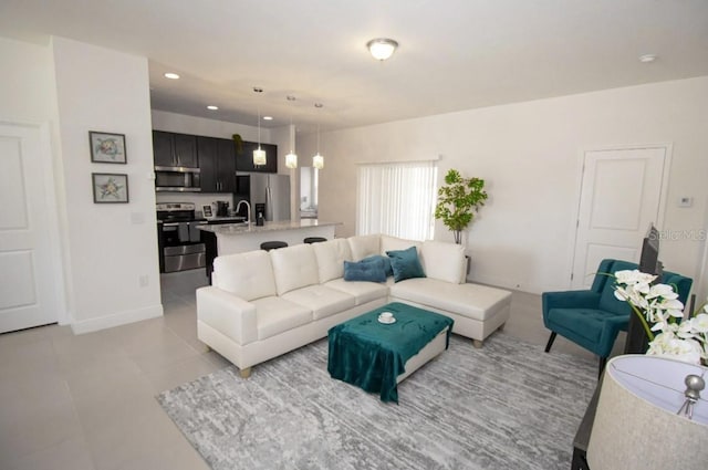 living room with light tile patterned flooring