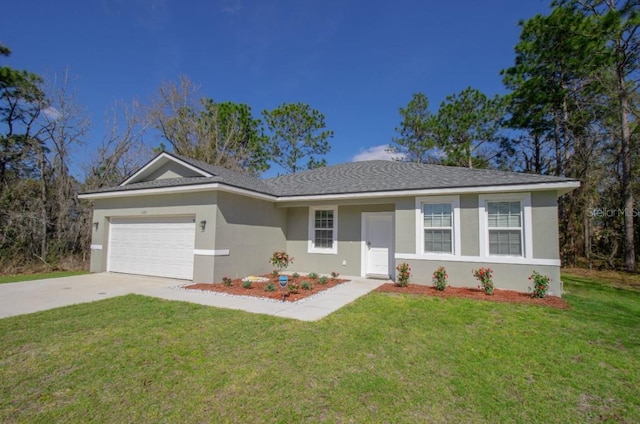 ranch-style house featuring a front yard and a garage