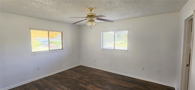 unfurnished room with a textured ceiling, dark hardwood / wood-style flooring, and ceiling fan