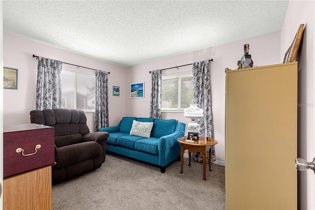 living room with light carpet and a textured ceiling