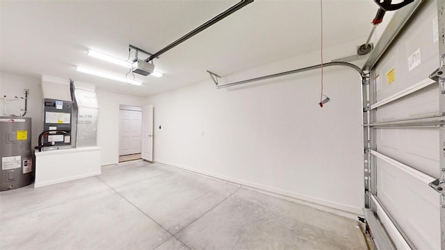 garage featuring water heater, heating unit, and a garage door opener