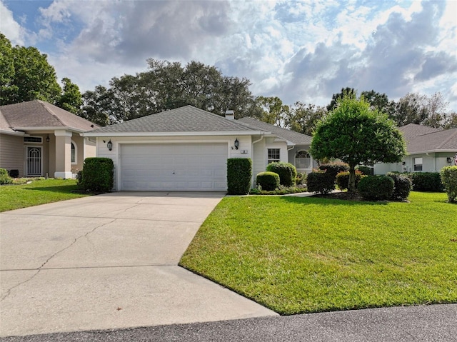 ranch-style house with a garage and a front yard