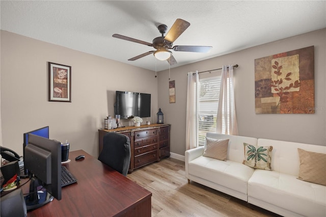 home office featuring ceiling fan, light hardwood / wood-style flooring, and a textured ceiling