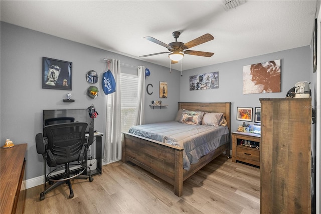 bedroom featuring ceiling fan and light hardwood / wood-style floors