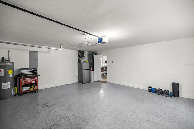 garage with electric panel, stainless steel fridge, a garage door opener, and electric water heater