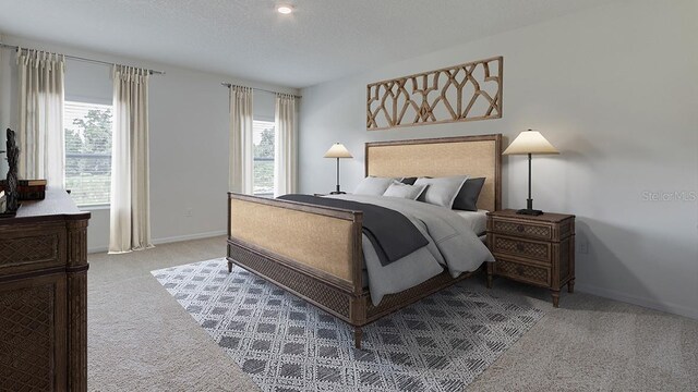 bedroom featuring a textured ceiling, carpet flooring, and baseboards