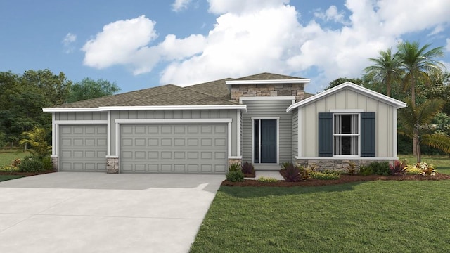 view of front facade with stone siding, board and batten siding, an attached garage, and a front yard