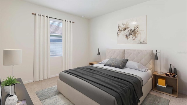 bedroom with light carpet and baseboards