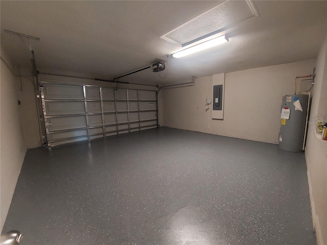 garage featuring electric panel, a garage door opener, and water heater