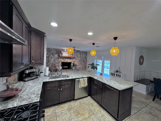 kitchen with sink, dishwasher, dark brown cabinetry, decorative light fixtures, and kitchen peninsula