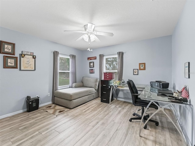 office with light hardwood / wood-style flooring, ceiling fan, and a textured ceiling