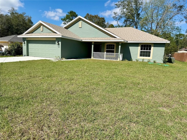 single story home featuring concrete driveway, an attached garage, covered porch, a front lawn, and stucco siding