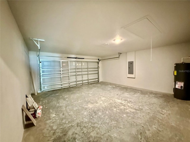 garage featuring electric panel and electric water heater