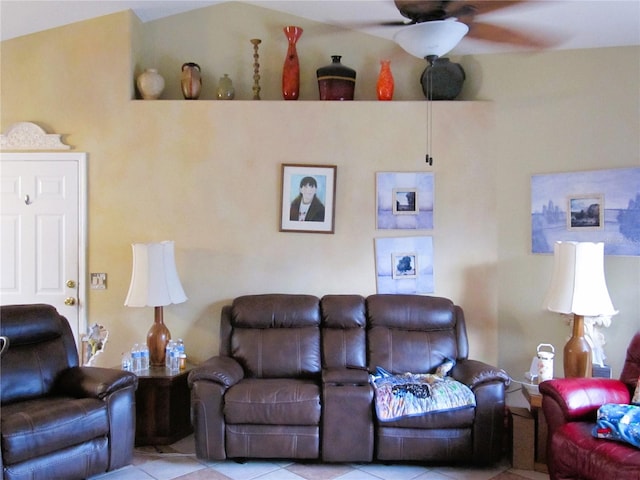 tiled living room featuring ceiling fan