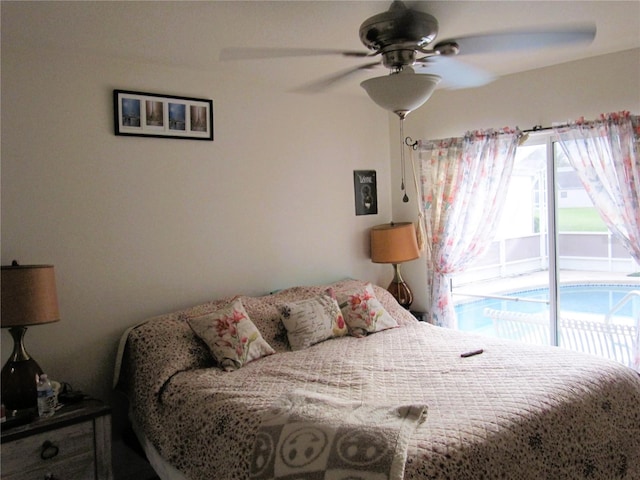 bedroom featuring access to outside and ceiling fan