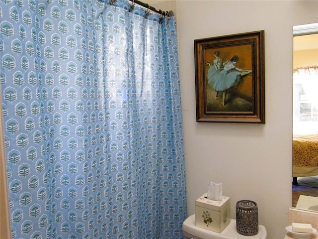 bathroom with toilet and a shower with shower curtain