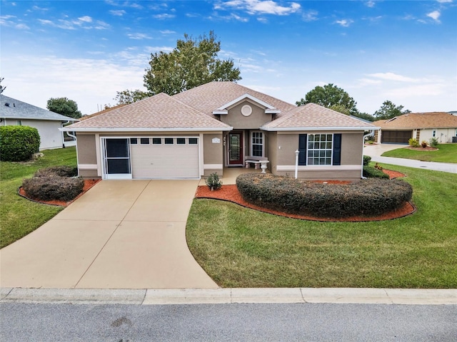 ranch-style house with a garage and a front lawn