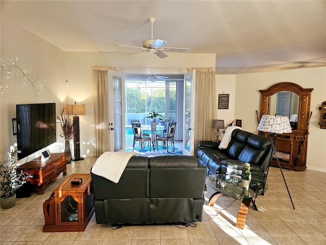 tiled living room with ceiling fan