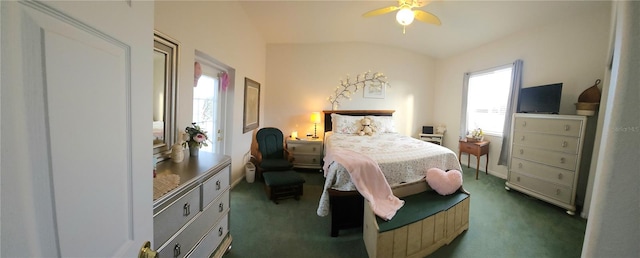 bedroom featuring lofted ceiling, dark colored carpet, multiple windows, and ceiling fan