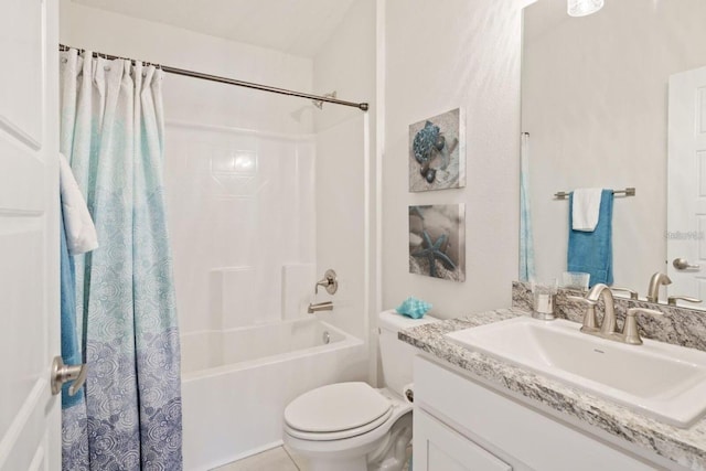 full bathroom with toilet, vanity, and shower / bathtub combination with curtain