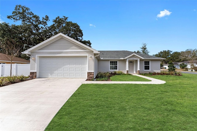 ranch-style house with a front yard and a garage