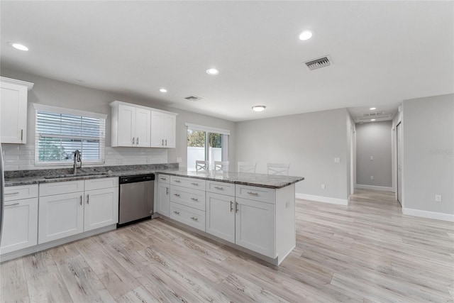 kitchen featuring stainless steel dishwasher, sink, white cabinets, and kitchen peninsula