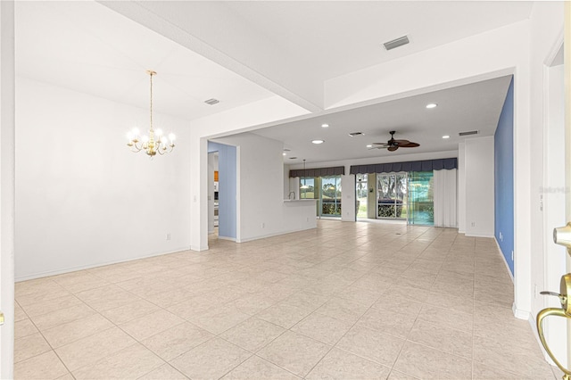 unfurnished living room featuring recessed lighting, visible vents, baseboards, and ceiling fan with notable chandelier