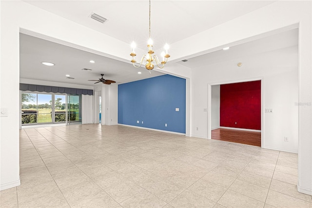 spare room with recessed lighting, visible vents, baseboards, and ceiling fan with notable chandelier