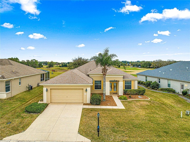 view of front of house featuring a garage, driveway, roof with shingles, stucco siding, and a front lawn