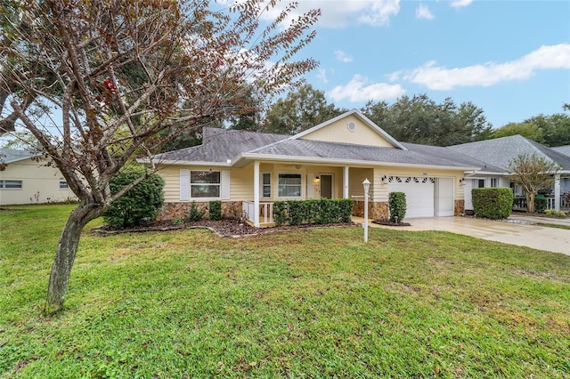 single story home with a garage, a front yard, and a porch