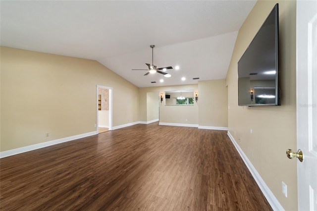 unfurnished living room with lofted ceiling, hardwood / wood-style floors, and ceiling fan