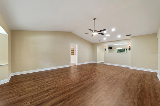 unfurnished living room with wood-type flooring, ceiling fan, and vaulted ceiling