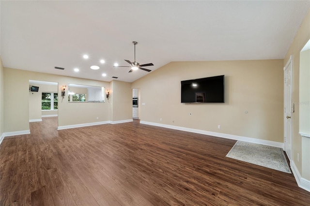 unfurnished living room with lofted ceiling, wood-type flooring, and ceiling fan