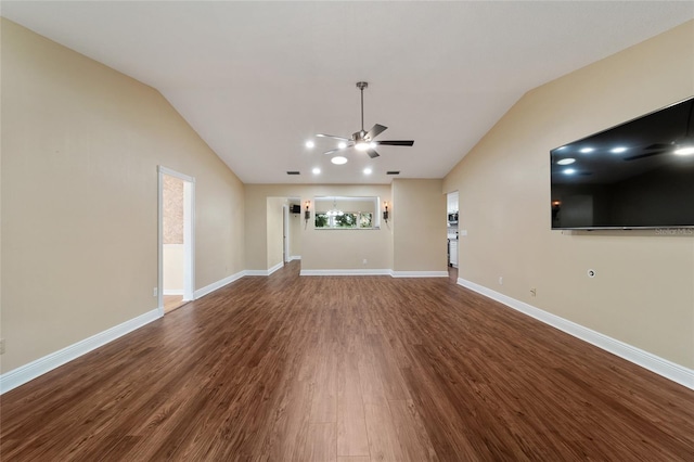 unfurnished living room with wood-type flooring, vaulted ceiling, and ceiling fan