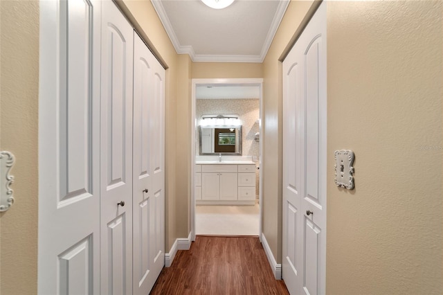 hallway with dark hardwood / wood-style floors and crown molding