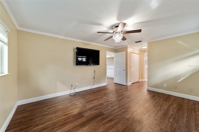 unfurnished bedroom with ceiling fan, ornamental molding, dark hardwood / wood-style flooring, and a closet