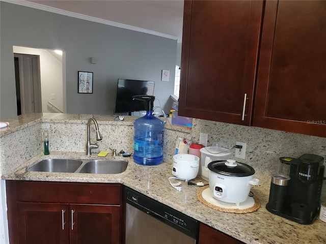 kitchen featuring sink, crown molding, stainless steel dishwasher, tasteful backsplash, and light stone counters