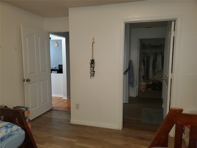 bedroom featuring wood-type flooring, a spacious closet, and a closet