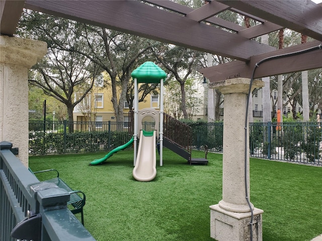 view of play area with a lawn