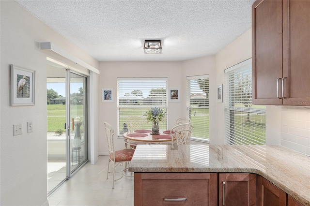15596 SW 13th Cir, Ocala, FL 34473 - kitchen with a peninsula, light stone counters, healthy amount of natural light, backsplash, and a textured ceiling