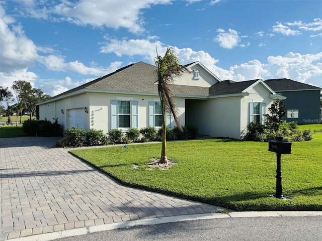 ranch-style house featuring a front lawn and a garage