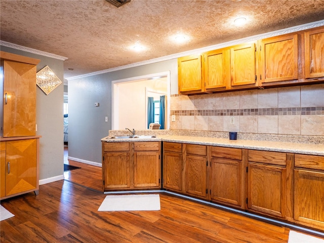 kitchen with sink, a textured ceiling, crown molding, decorative backsplash, and dark hardwood / wood-style floors